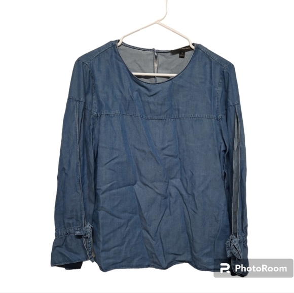NWT Banana Republic (Small) Tie Sleeve Popover Chambray Blouse Blue - Picture 1 of 7